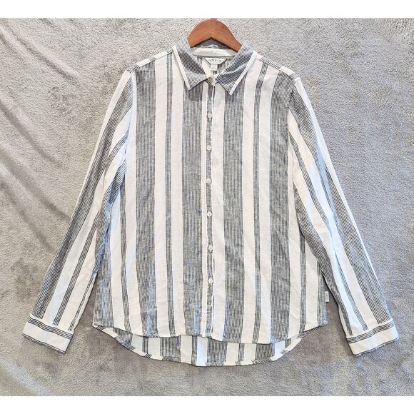 Orvis Womens White Striped Linen Blend Button Up Blouse Size Large Beach Coastal - Picture 1 of 11
